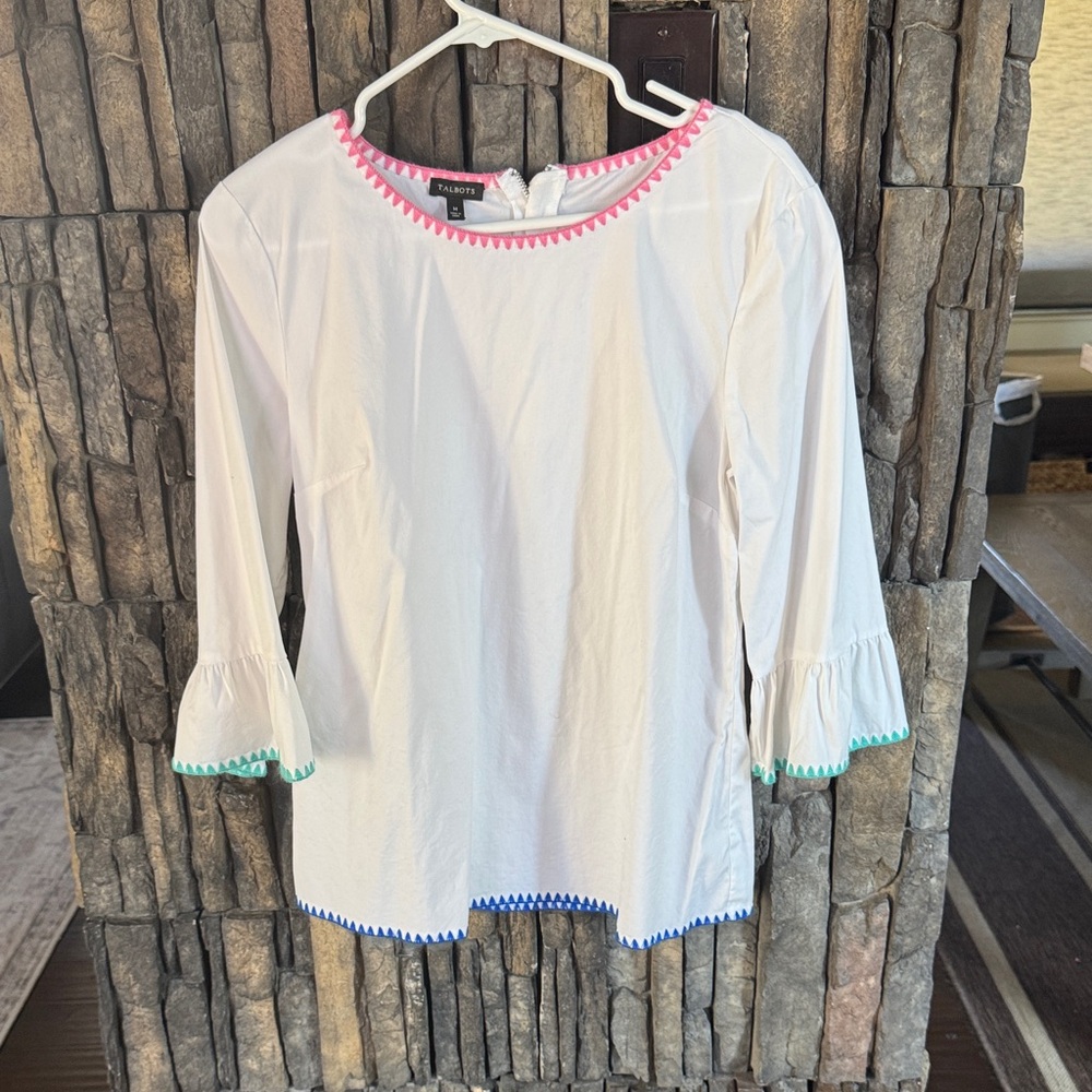 Talbots White Blouse with Pink and Blue Trim